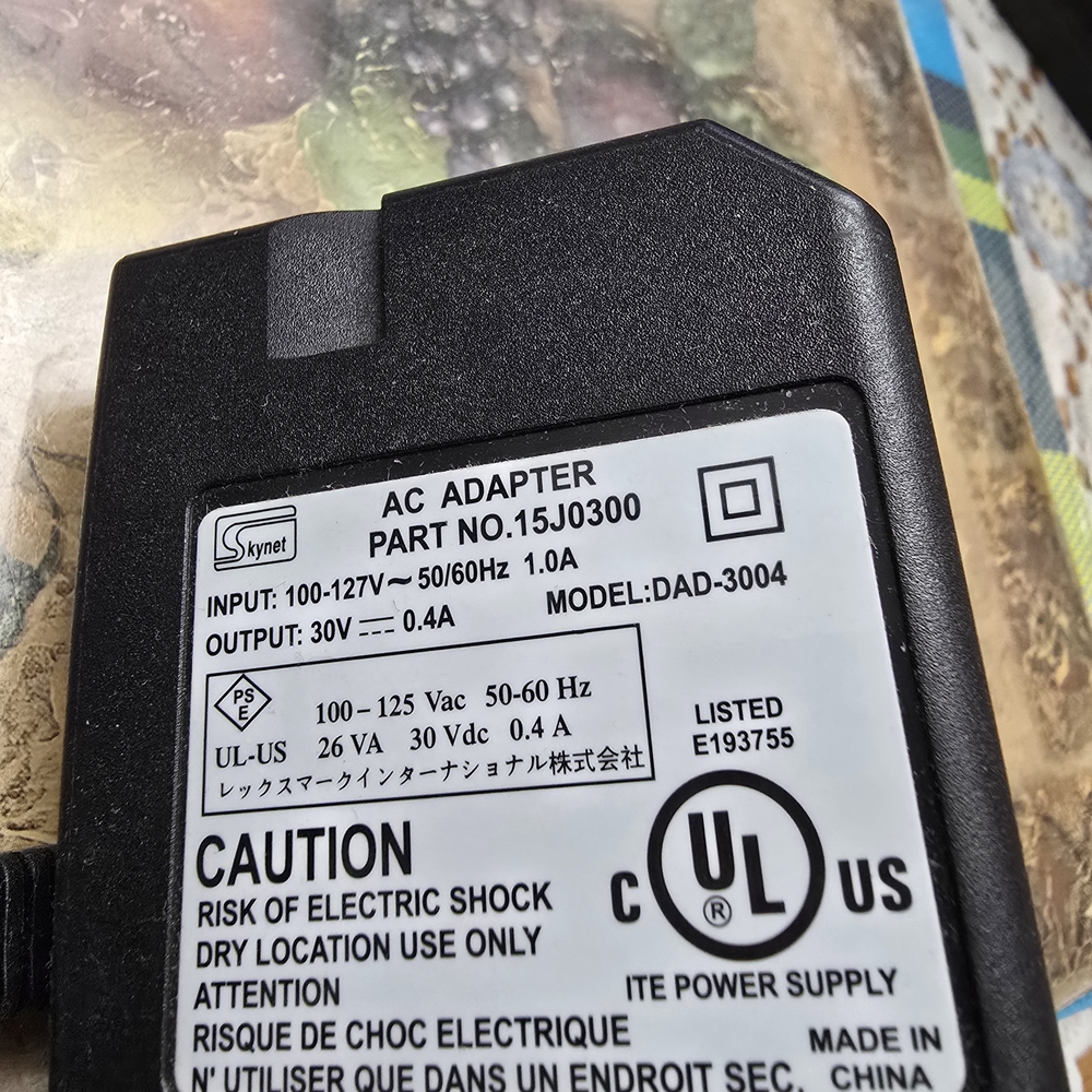 SkyNet AC Adapter Printer Power Supply Model: DAD-3004 30V~0.4A PN A15J0300